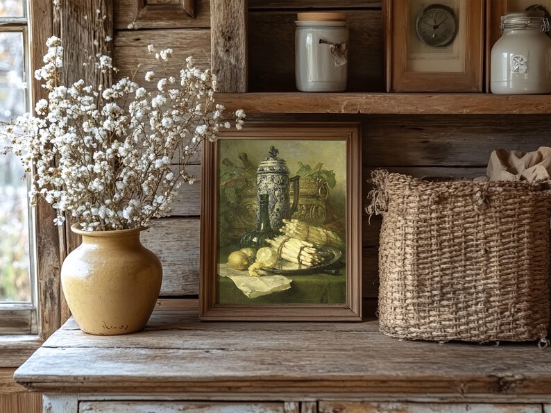 A rustic interior scene with a wooden shelf displaying a dried flower bouquet in a beige vase, a framed still-life painting, and a woven basket. Warm and cozy ambiance.