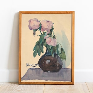 Vase With Peonies, Peonies Painting, Flowers Watercolor, Flowers Still Life, Farmhouse Decor / P799