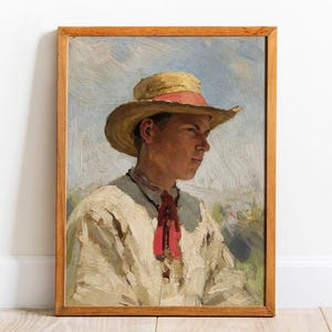 Cowboy Portrait, Young Boy Painting, Vintage Painting, Farmhouse Decor, Mailed Print / P71