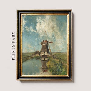 Dutch Windmill Landscape Painting, Farmhouse Print / P3
