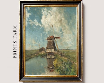 Dutch Windmill Landscape Painting, Farmhouse Print