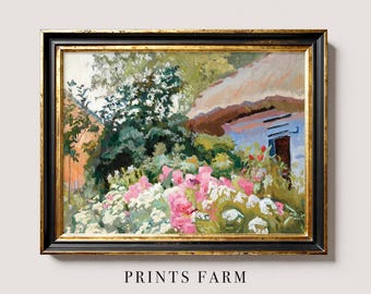 Flower Garden Print, Summer Landscape Painting, Floral Wall Decor / P923