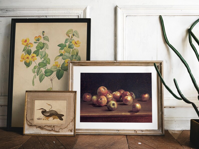 Framed artwork leaning against a white wall: botanical illustration with yellow flowers, a painted bird, and apples on a table. A cactus is on the right.
