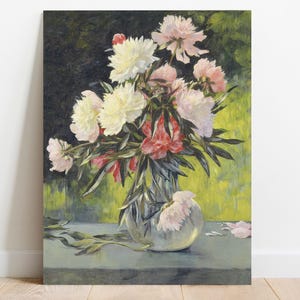 A painting of white and pink peonies in a clear vase against a dark and lime green background. The scene conveys elegance and tranquility.