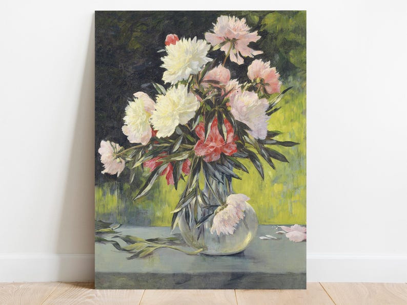 A painting of white and pink peonies in a clear vase against a dark and lime green background. The scene conveys elegance and tranquility.