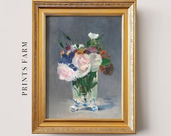 Roses Vintage Painting, Antique Floral Still Life, Rustic Botanical Decor / P42