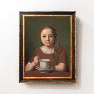 Girl Tea Cup, Girl Portrait Painting, Child Portrait, Canvas Print, Vintage Oil Painting / P835