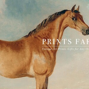 Painting of a brown horse under a blue sky, with "Prints Farm" text overlay. The tone is classic and elegant, evoking vintage art aesthetics.