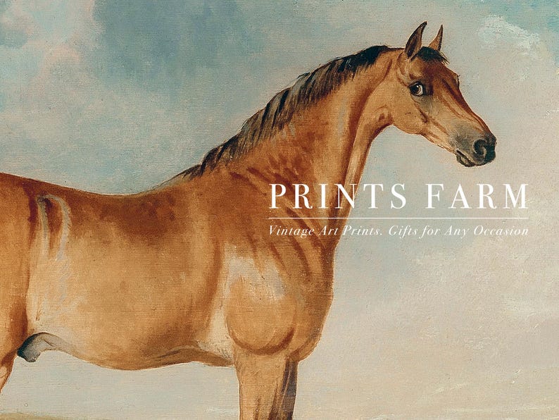 Painting of a brown horse under a blue sky, with "Prints Farm" text overlay. The tone is classic and elegant, evoking vintage art aesthetics.
