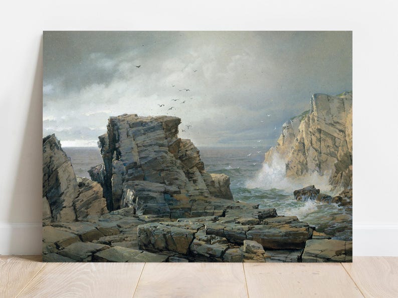 Rocky seascape painting with dark clouds, crashing waves, and jagged cliffs. Birds soar above, conveying a dramatic, serene atmosphere.