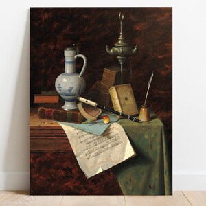 A still life painting featuring a blue and white ceramic pitcher, a silver oil lamp, books, a quill pen, and a musical instrument on a wooden table with a green cloth.