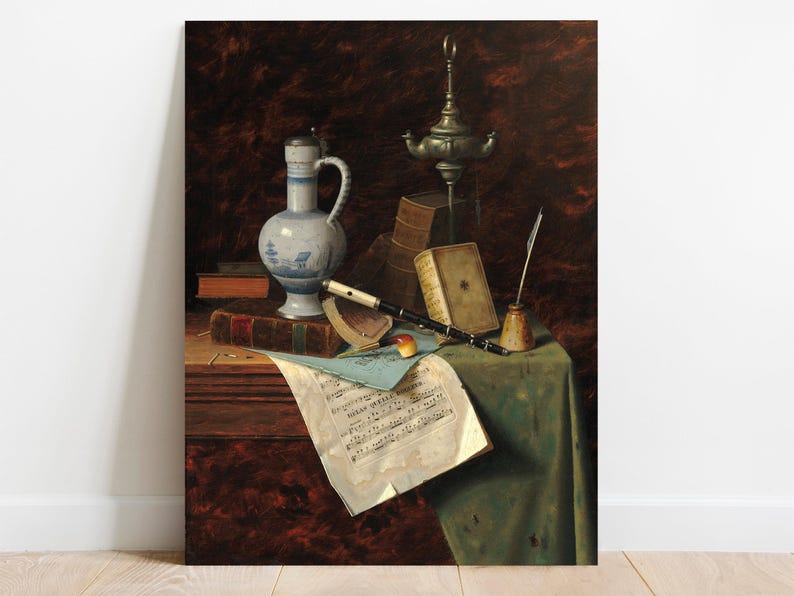 A still life painting featuring a blue and white ceramic pitcher, a silver oil lamp, books, a quill pen, and a musical instrument on a wooden table with a green cloth.