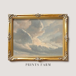 Vintage Clouds Painting, Antique Sky Art Print / P310