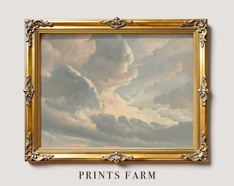 Vintage Clouds Painting, Antique Sky Art Print / P310