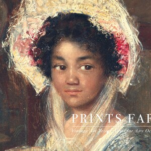 A vintage painting of a young woman wearing a wide-brimmed hat adorned with pink flowers, set against a dark background. Her expression is serene and thoughtful.