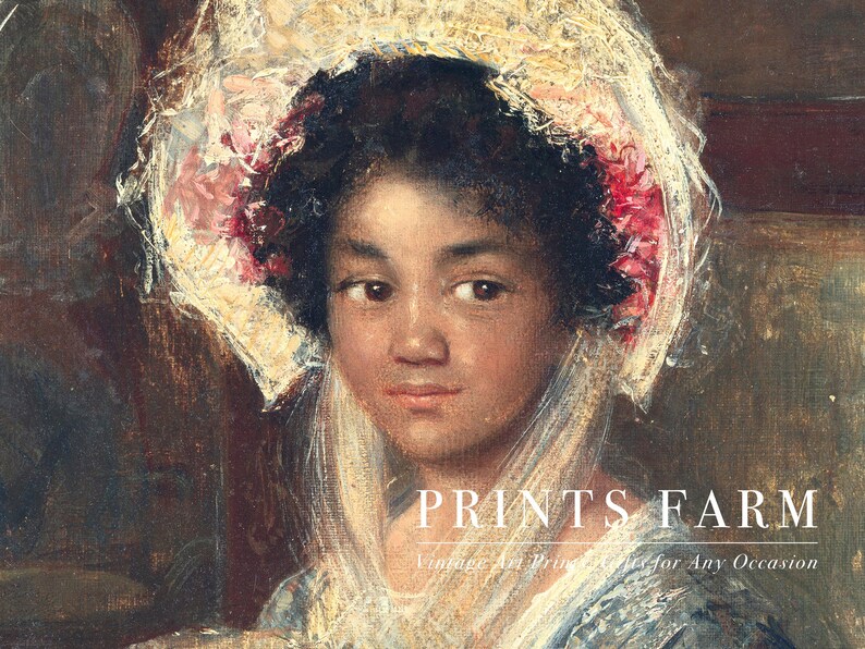 A vintage painting of a young woman wearing a wide-brimmed hat adorned with pink flowers, set against a dark background. Her expression is serene and thoughtful.