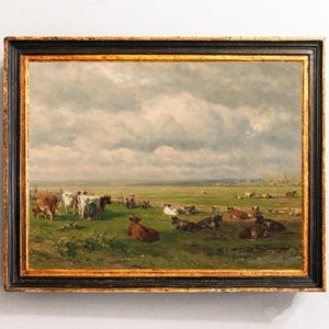 Meadow Landscape, Cows Painting, Country Landscape, Farm Painting, Vintage Art / P62