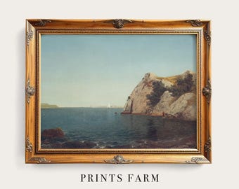 Vintage Seascape Painting, Seashore Landscape Print, Coastal Wall Art / P641
