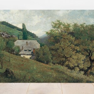 Oil painting of a serene rural landscape. A cottage with a gray roof is nestled among lush trees on a sloping green hill under a cloudy sky.