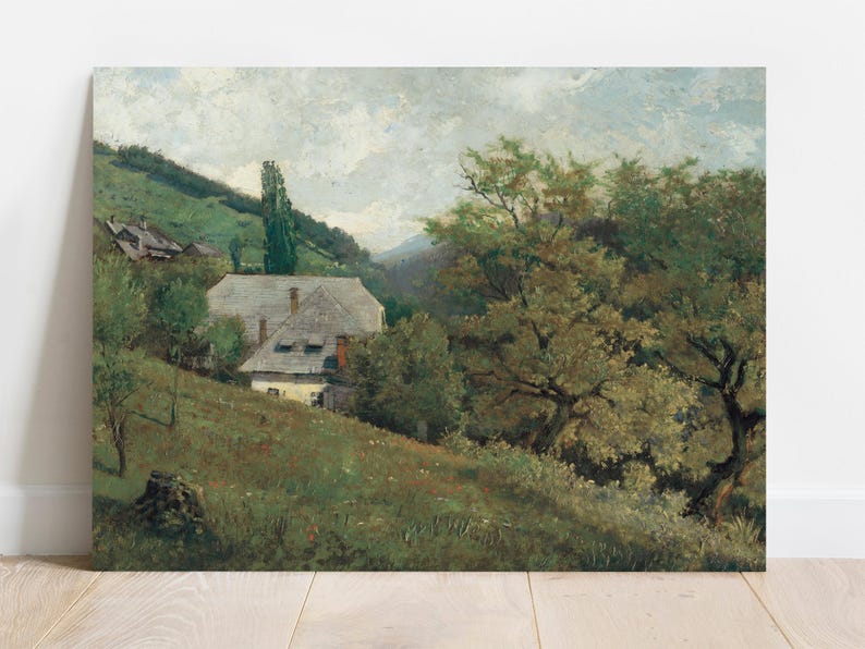 Oil painting of a serene rural landscape. A cottage with a gray roof is nestled among lush trees on a sloping green hill under a cloudy sky.