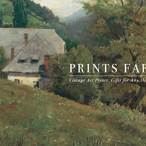 A painting of a rural scene with a house in the foreground. The house has a gray roof and white walls. The house is surrounded by green trees and bushes. The background is a hazy blue sky with rolling hills.