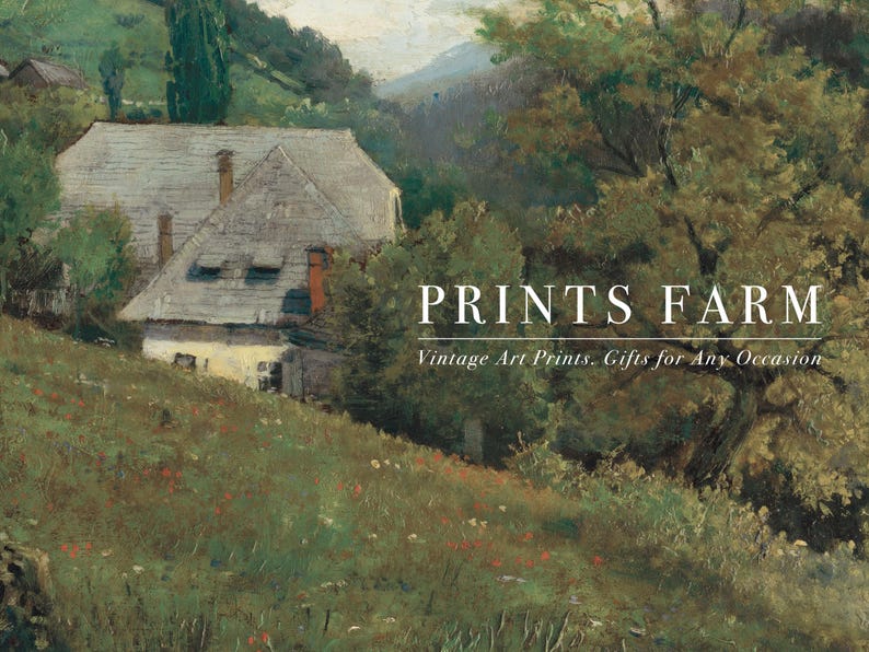 A painting of a rural scene with a house in the foreground. The house has a gray roof and white walls. The house is surrounded by green trees and bushes. The background is a hazy blue sky with rolling hills.
