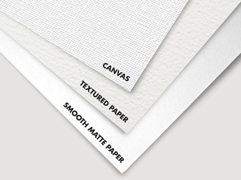 Three overlapping paper types are shown: a textured canvas on top, medium-texture paper in the middle, and smooth matte paper at the bottom, labeled accordingly.