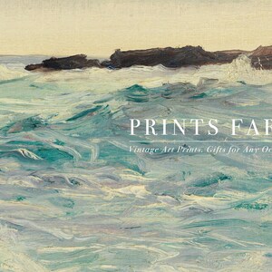 Impressionist painting of a turbulent sea with a rocky shore in the background. Text reads "Prints Farm: Vintage Art Prints, Gifts for Any Occasion."