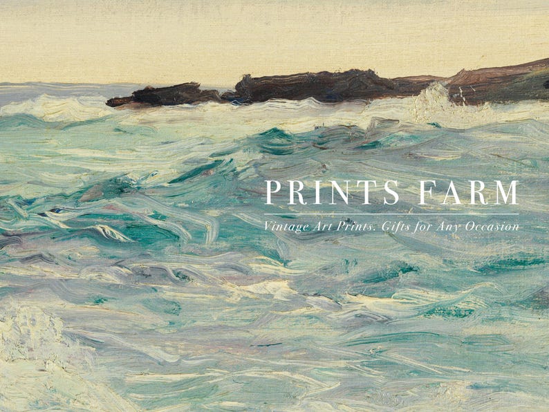 Impressionist painting of a turbulent sea with a rocky shore in the background. Text reads "Prints Farm: Vintage Art Prints, Gifts for Any Occasion."