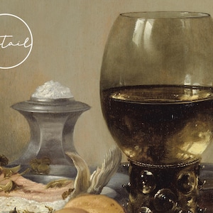 A detailed still life features a glass of wine, a salt dish, sliced fish with herbs, and a lemon peel. The scene conveys elegance and refinement.