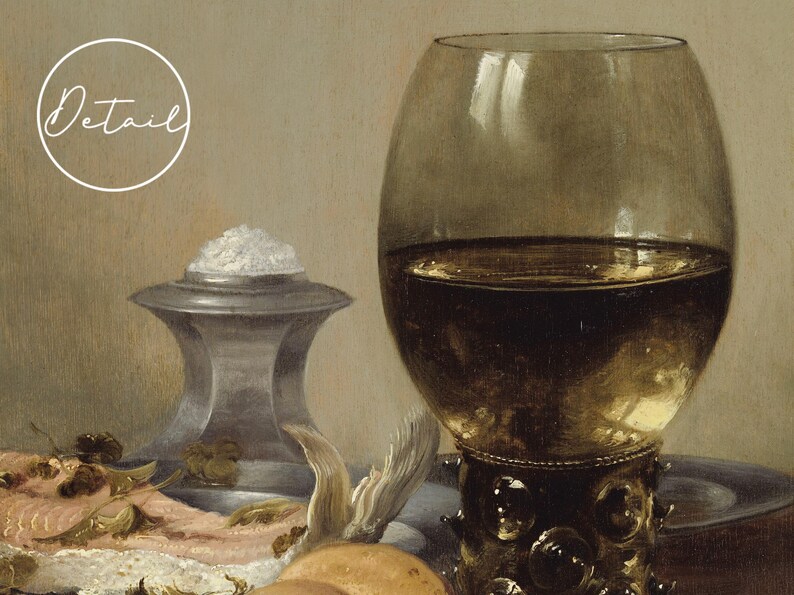A detailed still life features a glass of wine, a salt dish, sliced fish with herbs, and a lemon peel. The scene conveys elegance and refinement.