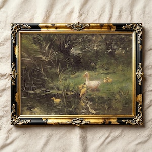 Farmhouse Duck Painting, Vintage River Scene, Wall Art Print / P903