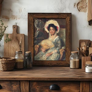 Framed vintage painting of a woman with a fan, on a rustic kitchen shelf. Surrounded by jars, wooden boards, and herbs, adding a cozy, nostalgic feel.