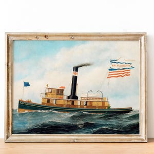 Steamship Painting, Ship Vintage Painting, Nautical Print, Old Ship Print, Beach House Decor / P790
