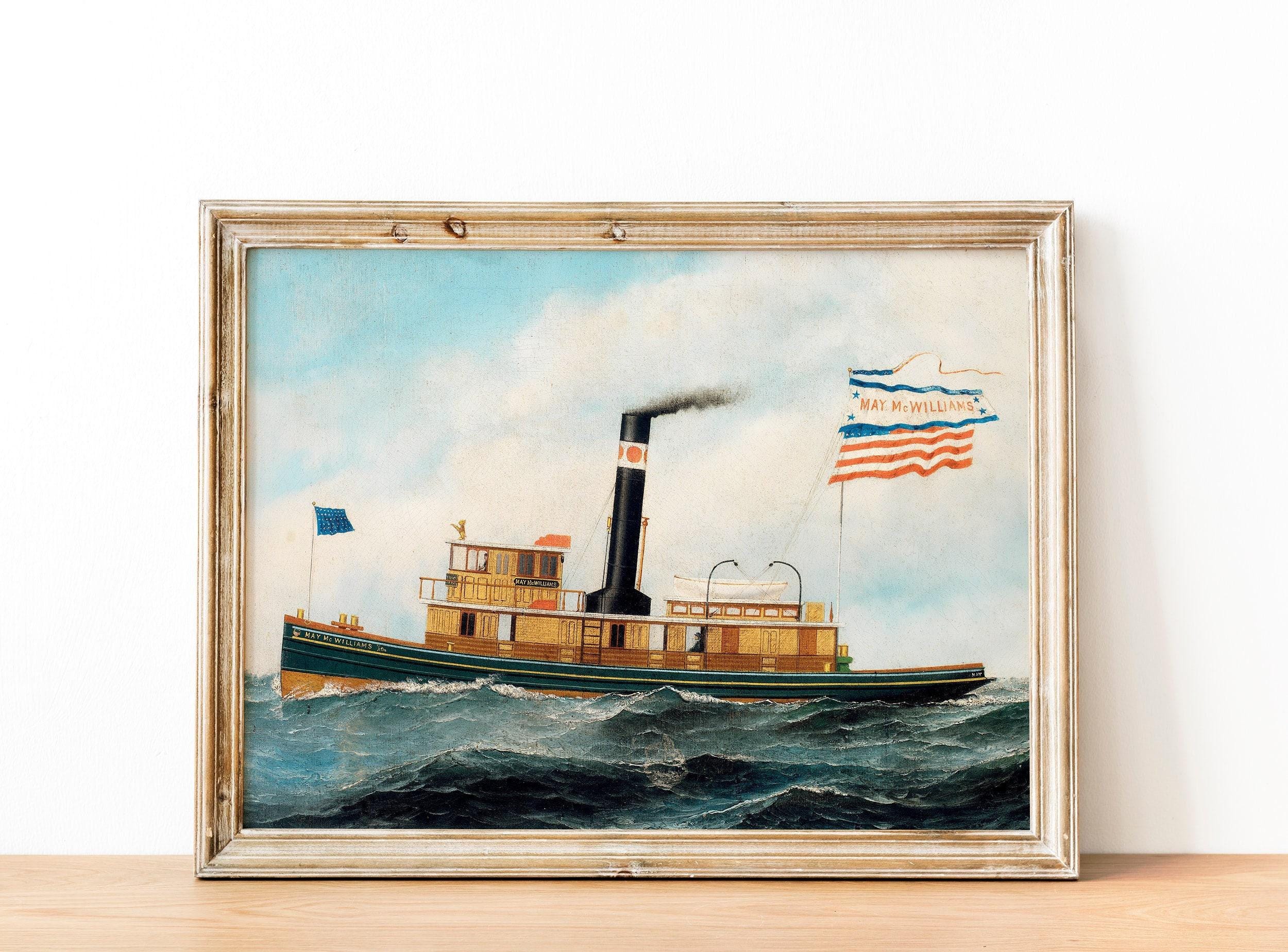 Steamship Painting, Ship Vintage Painting, Nautical Print, Old Ship Print, Beach House Decor / P790