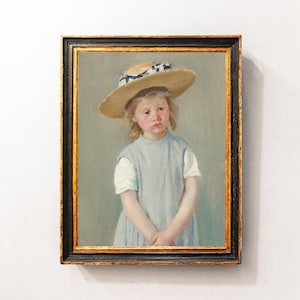 Child in a Straw Hat, Girls Portrait Painting, Child Portrait, Nursery Print, Vintage Oil Painting / P778