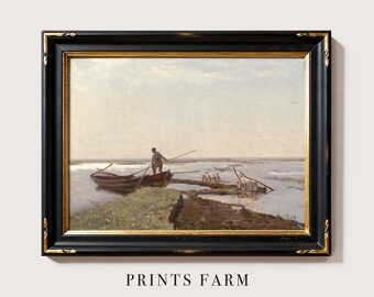 Paisaje lacustre, pintura de pescadores, arte antiguo de río, decoración costera / P642