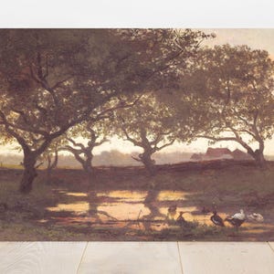 Sunset landscape painting with silhouetted trees, reflecting in a serene pond; ducks gather by the water, evoking a calm, peaceful ambiance.