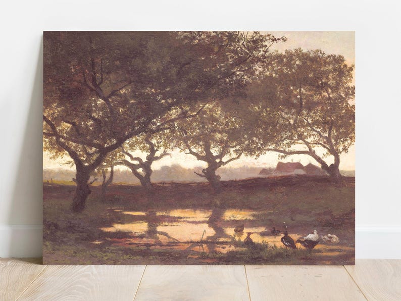 Sunset landscape painting with silhouetted trees, reflecting in a serene pond; ducks gather by the water, evoking a calm, peaceful ambiance.