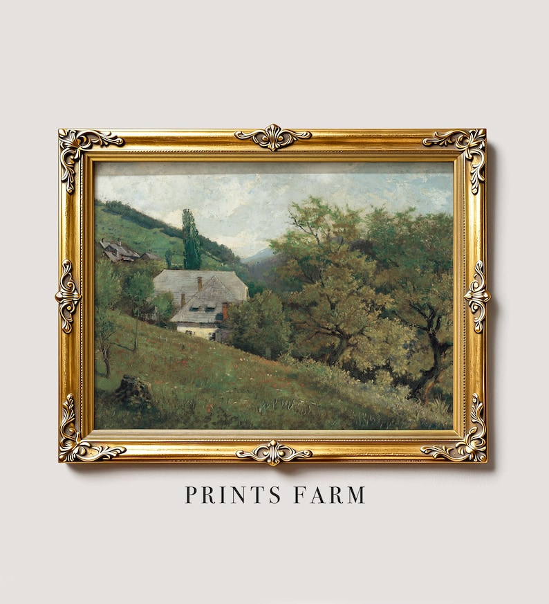 Framed painting of a tranquil rural scene with a farmhouse, lush trees, and rolling hills under a cloudy sky. The gold frame is ornate, adding elegance.