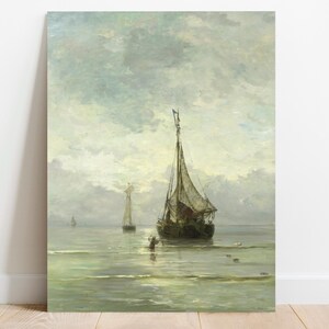 A painting of a sailboat on a calm sea with a cloudy sky. The sailboat is in the foreground and is the main focus of the painting. The sky is a light blue with white clouds. The sea is a light green with whitecaps.