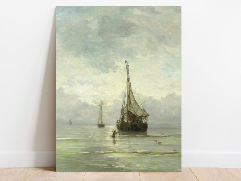 A painting of a sailboat on a calm sea with a cloudy sky. The sailboat is in the foreground and is the main focus of the painting. The sky is a light blue with white clouds. The sea is a light green with whitecaps.