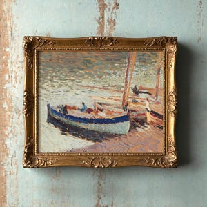 A framed painting of small boats on water with impressionistic brush strokes, in a gold ornate frame against a weathered wooden wall, evoking a serene mood.