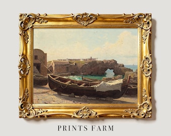 Impression de bateaux de pêche, peinture de paysage marin, art mural côtier / P156