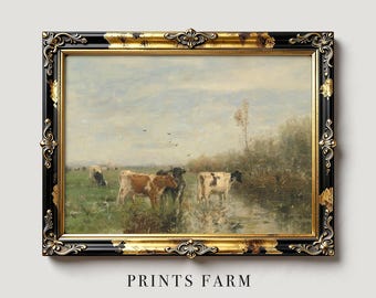 Cuadro de vacas, paisaje campestre, impresión artística de una casa de campo rústica / P46