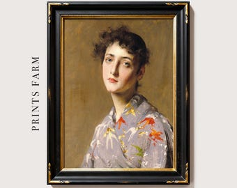 Young Woman Portrait, Vintage Female Painting, French Country Decor / P646