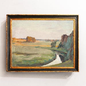 River Landscape, Vintage Landscape, Vintage Painting, Meadow Painting, Countryside Painting, Country Landscape / P813
