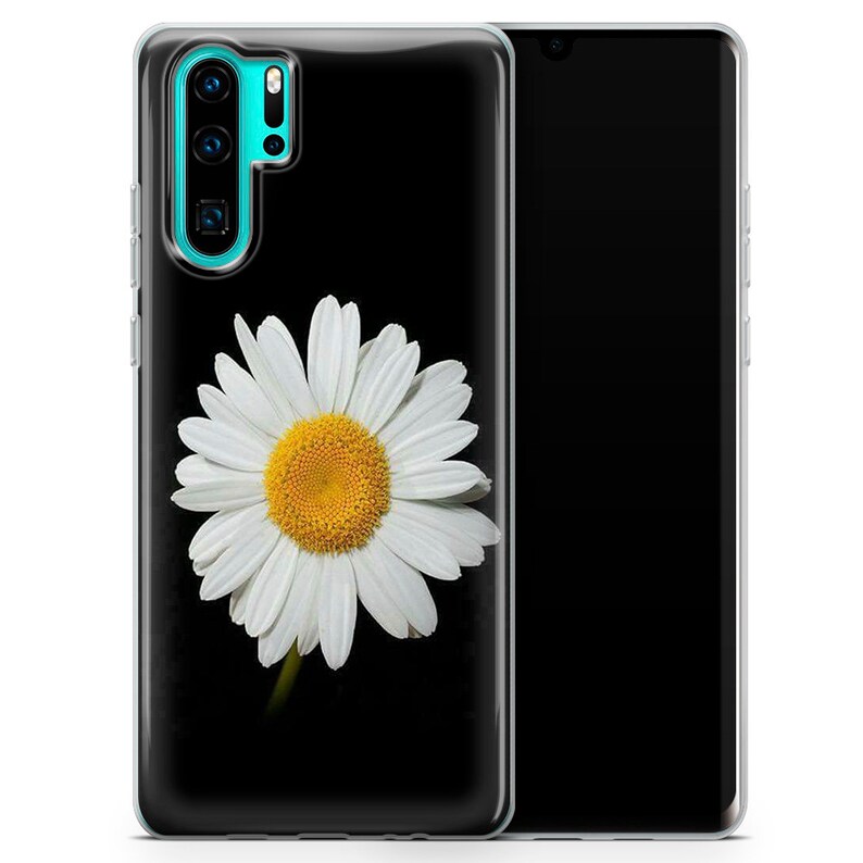 May include: A clear phone case with a black background and a white daisy flower design. The case has a cutout for the phone's camera.