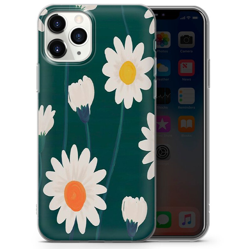 May include: A clear phone case with a green background and a white daisy pattern. The case is designed for an iPhone.