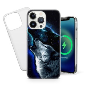 May include: A clear phone case with a design of two wolves howling at the moon in a galaxy setting. The case is compatible with an iPhone 13 Pro Max.